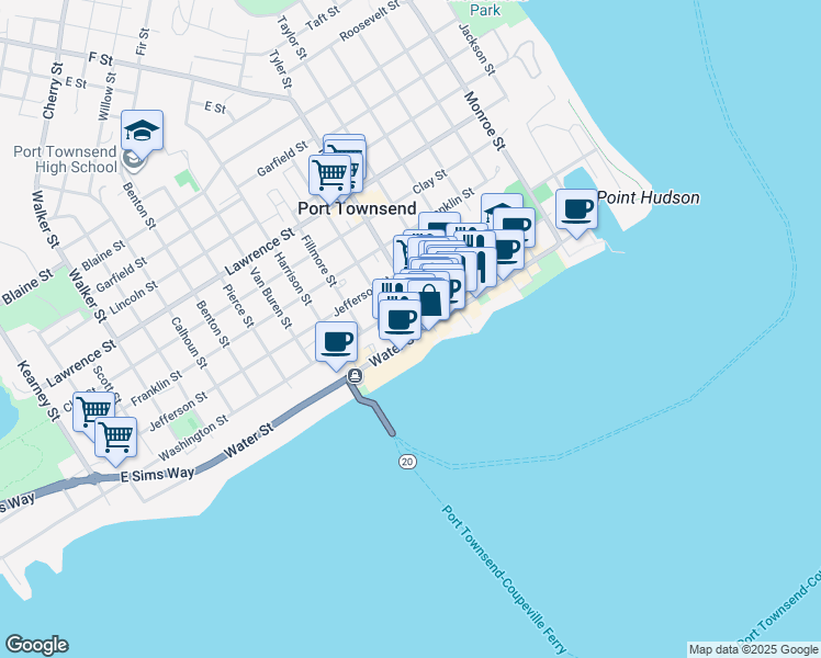 map of restaurants, bars, coffee shops, grocery stores, and more near 1044 Water Street in Port Townsend