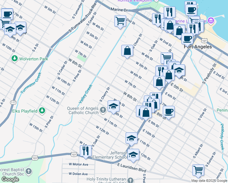map of restaurants, bars, coffee shops, grocery stores, and more near 226 1/2 West 8th Street in Port Angeles