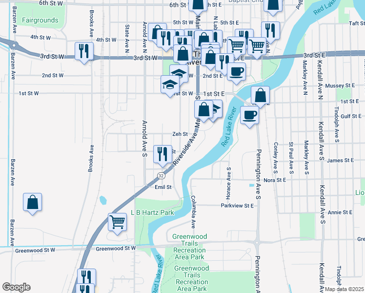 map of restaurants, bars, coffee shops, grocery stores, and more near 319 Riverside Avenue in Thief River Falls