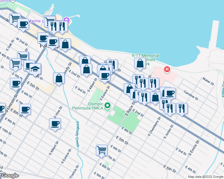 map of restaurants, bars, coffee shops, grocery stores, and more near 724 East 1st Street in Port Angeles