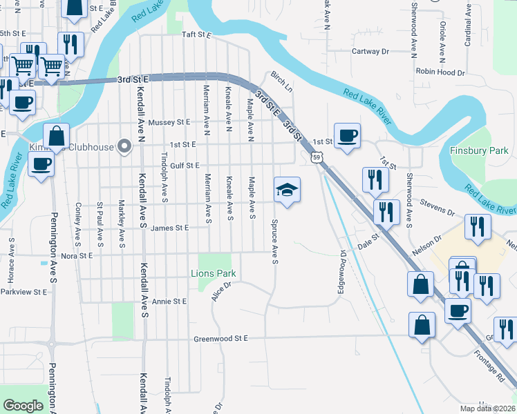 map of restaurants, bars, coffee shops, grocery stores, and more near 406 Maple Avenue South in Thief River Falls
