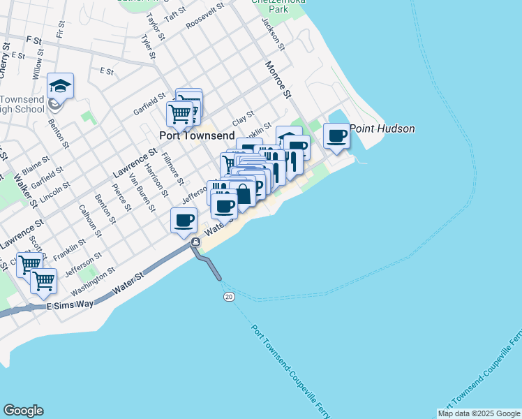 map of restaurants, bars, coffee shops, grocery stores, and more near 929 Water Street in Port Townsend