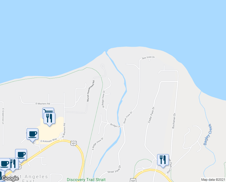 map of restaurants, bars, coffee shops, grocery stores, and more near 53 Olympic Lane in Port Angeles