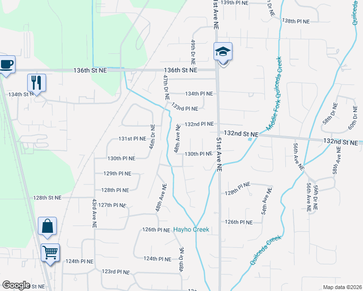 map of restaurants, bars, coffee shops, grocery stores, and more near 13103 48th Avenue Northeast in Marysville