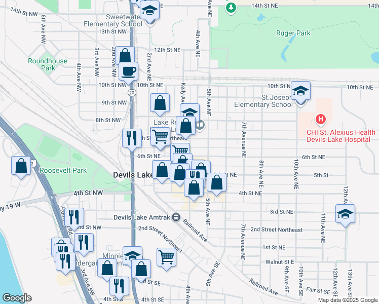 map of restaurants, bars, coffee shops, grocery stores, and more near 623 4th Avenue Northeast in Devils Lake