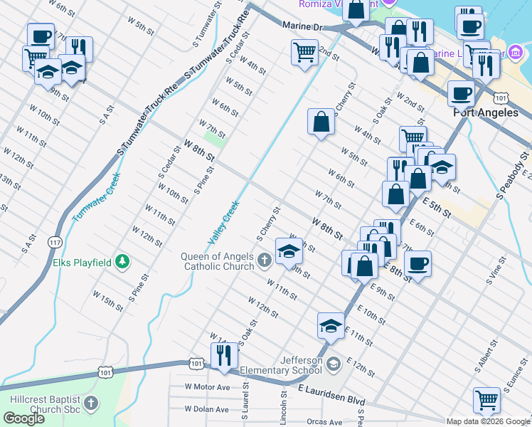 map of restaurants, bars, coffee shops, grocery stores, and more near 307 West 9th Street in Port Angeles