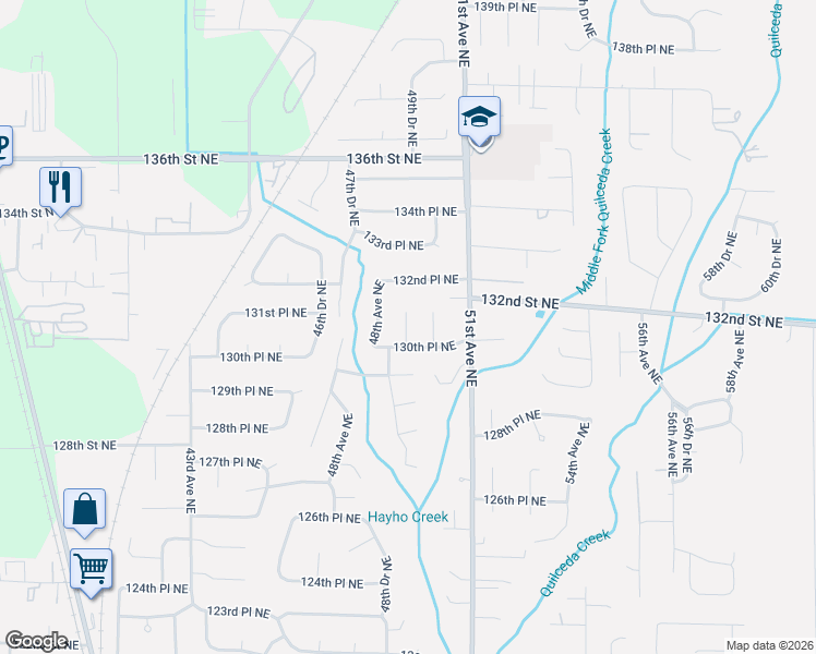 map of restaurants, bars, coffee shops, grocery stores, and more near 13031 49th Avenue Northeast in Marysville