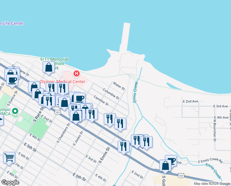 map of restaurants, bars, coffee shops, grocery stores, and more near 1212 1/2 East Columbia Street in Port Angeles