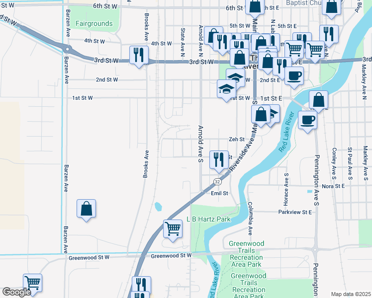map of restaurants, bars, coffee shops, grocery stores, and more near 316 State Avenue South in Thief River Falls