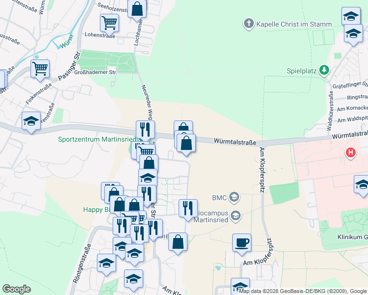 map of restaurants, bars, coffee shops, grocery stores, and more near 46 Lena-Christ-Straße in Planegg