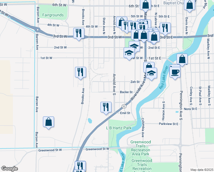 map of restaurants, bars, coffee shops, grocery stores, and more near 316 State Avenue South in Thief River Falls
