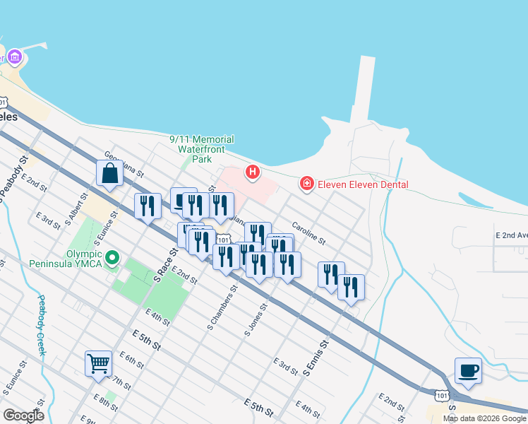 map of restaurants, bars, coffee shops, grocery stores, and more near 1022 Caroline Street in Port Angeles