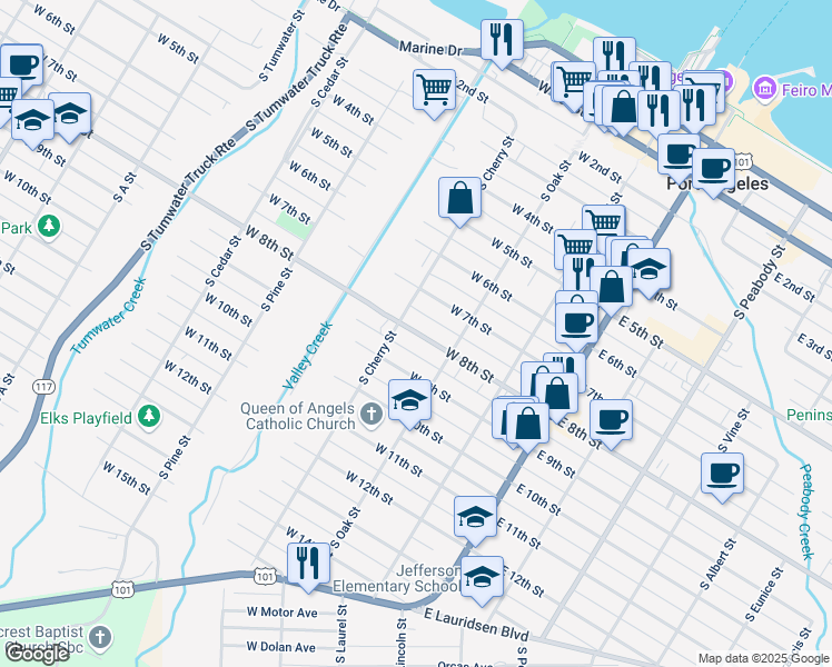 map of restaurants, bars, coffee shops, grocery stores, and more near 226 1/2 West 8th Street in Port Angeles