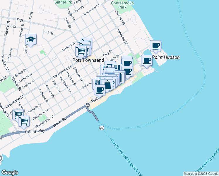 map of restaurants, bars, coffee shops, grocery stores, and more near 929 Water Street in Port Townsend