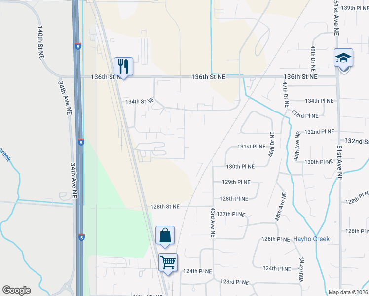 map of restaurants, bars, coffee shops, grocery stores, and more near 13101 41st Avenue Northeast in Marysville