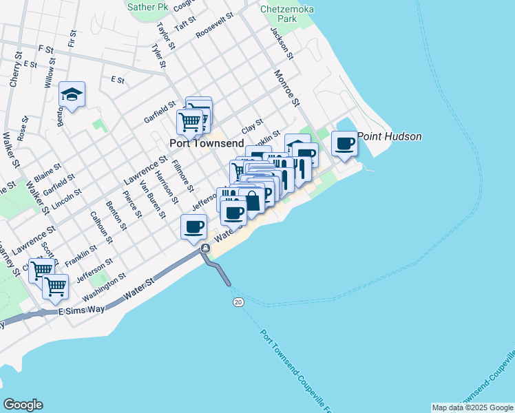 map of restaurants, bars, coffee shops, grocery stores, and more near 929 Water Street in Port Townsend