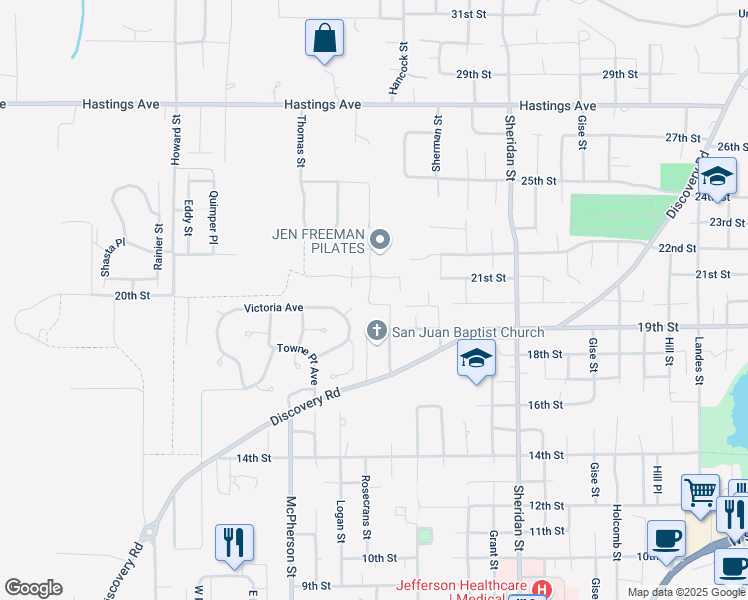 map of restaurants, bars, coffee shops, grocery stores, and more near 1927 19th Street in Port Townsend