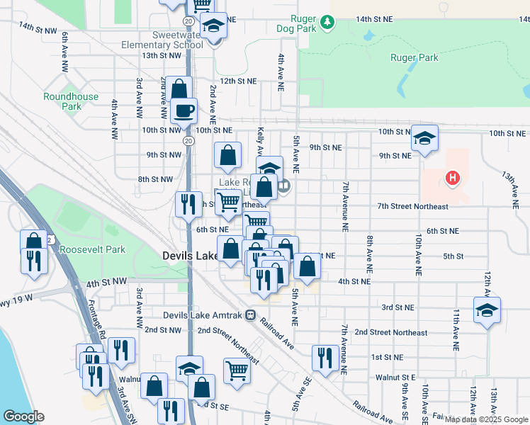 map of restaurants, bars, coffee shops, grocery stores, and more near 623 4th Avenue Northeast in Devils Lake