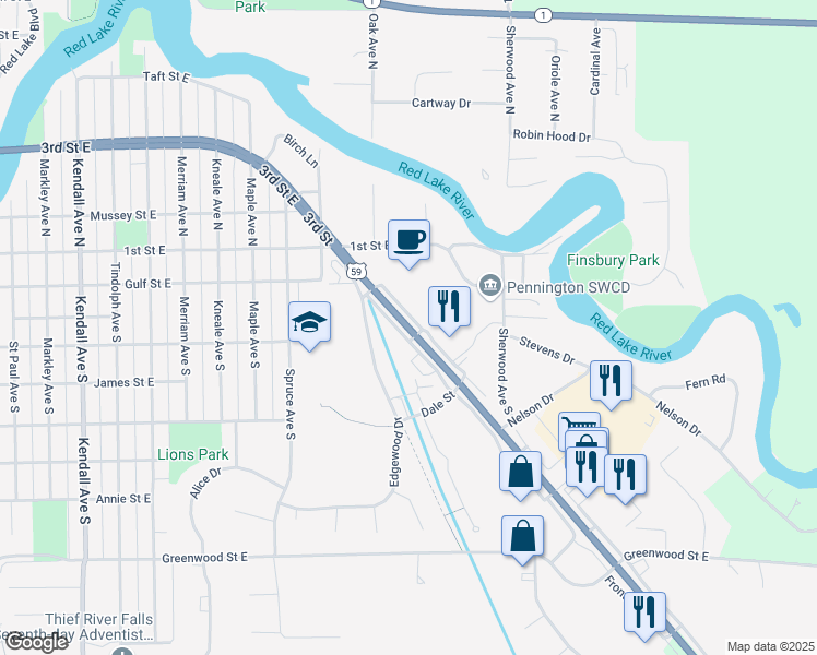 map of restaurants, bars, coffee shops, grocery stores, and more near 1547 U.S. 59 in Thief River Falls
