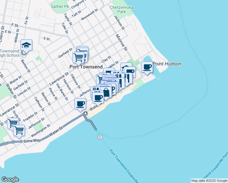 map of restaurants, bars, coffee shops, grocery stores, and more near 929 Water Street in Port Townsend