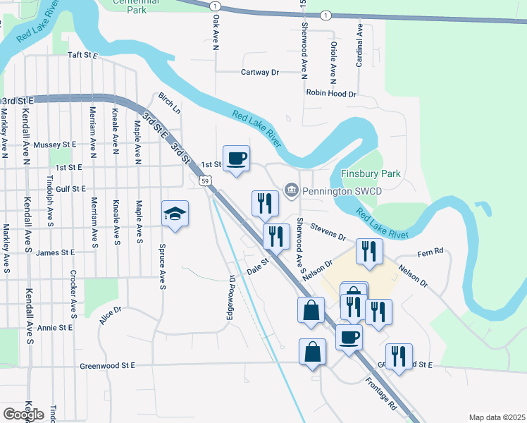 map of restaurants, bars, coffee shops, grocery stores, and more near 1547 U.S. 59 in Thief River Falls