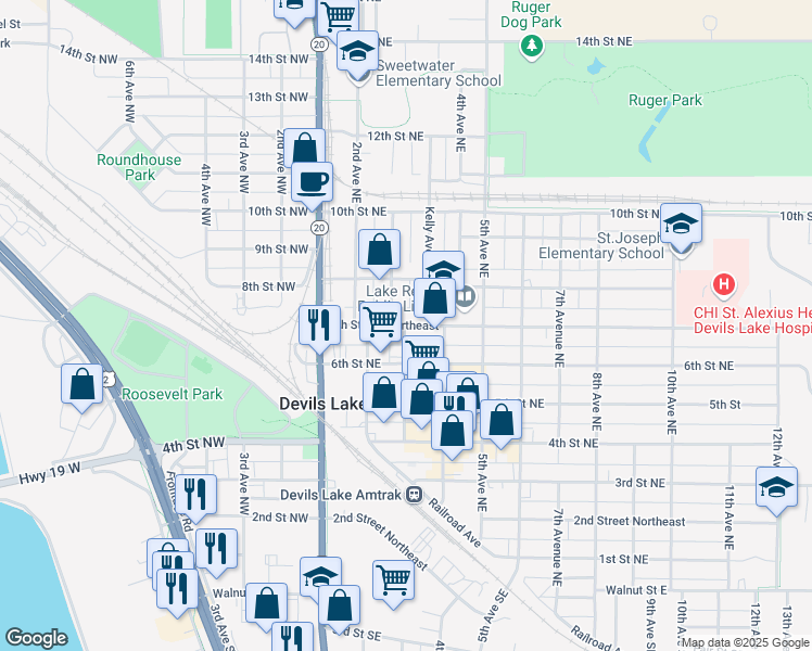 map of restaurants, bars, coffee shops, grocery stores, and more near 325 7th Street Northeast in Devils Lake