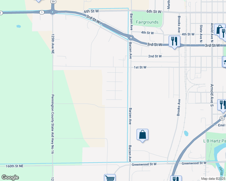 map of restaurants, bars, coffee shops, grocery stores, and more near 1218 Meadow Street in Thief River Falls