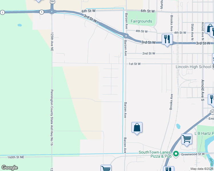 map of restaurants, bars, coffee shops, grocery stores, and more near 1218 Meadow Street in Thief River Falls