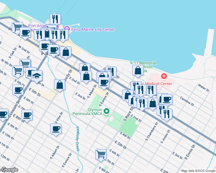 map of restaurants, bars, coffee shops, grocery stores, and more near 618 East Front Street in Port Angeles