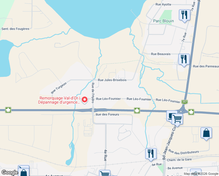 map of restaurants, bars, coffee shops, grocery stores, and more near 1125 Rue Jules-Brisebois in Val-d'Or