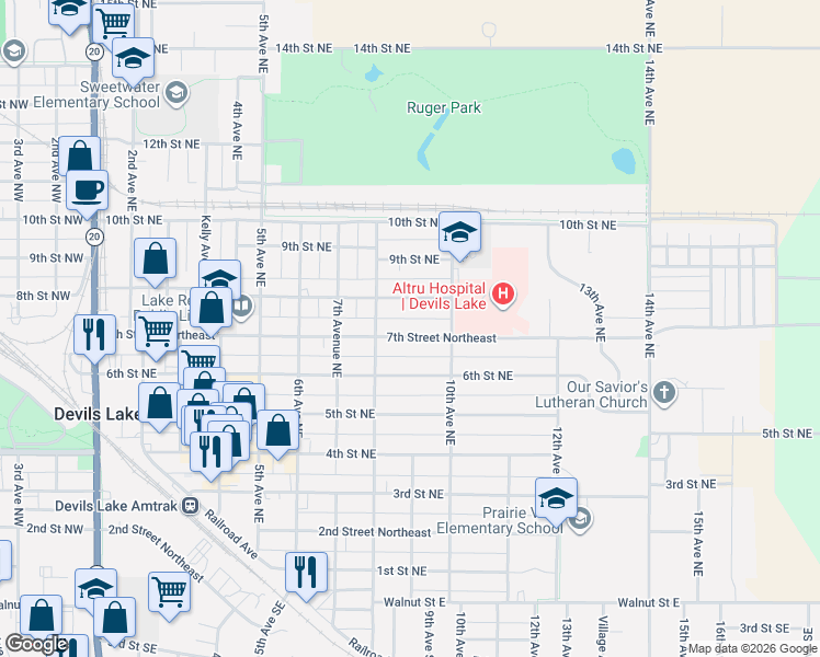 map of restaurants, bars, coffee shops, grocery stores, and more near 800-998 8th Street Northeast in Devils Lake