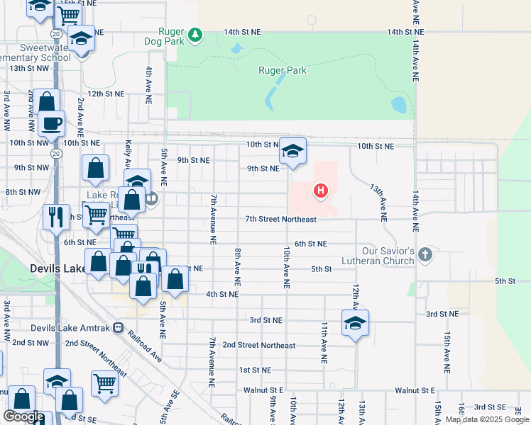 map of restaurants, bars, coffee shops, grocery stores, and more near 800-998 8th Street Northeast in Devils Lake