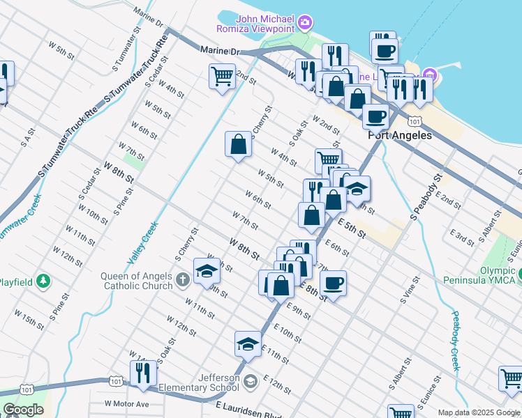 map of restaurants, bars, coffee shops, grocery stores, and more near 202 West 6th Street in Port Angeles