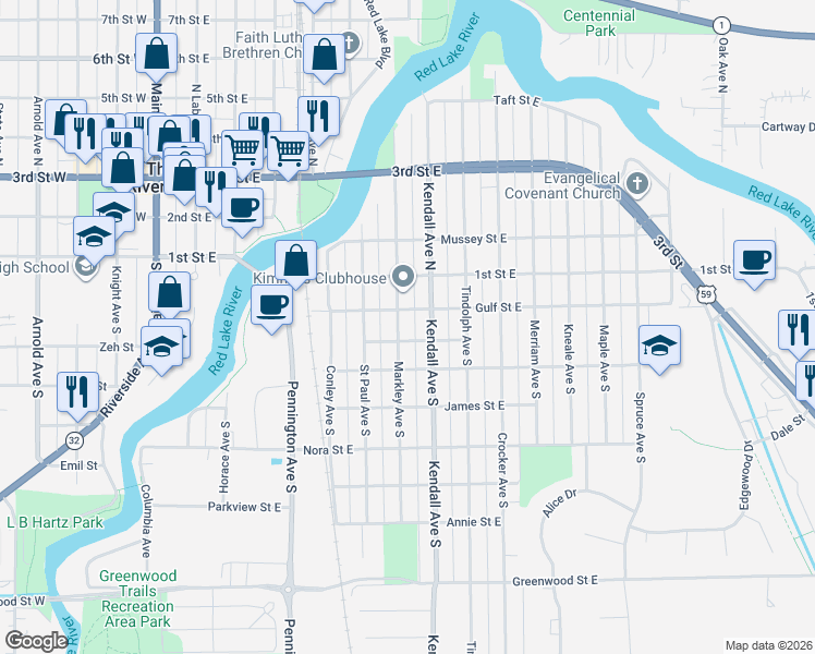 map of restaurants, bars, coffee shops, grocery stores, and more near 203 Kendall Avenue South in Thief River Falls