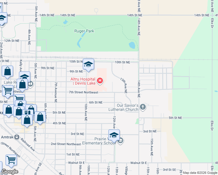 map of restaurants, bars, coffee shops, grocery stores, and more near 1125 7th Street Northeast in Devils Lake