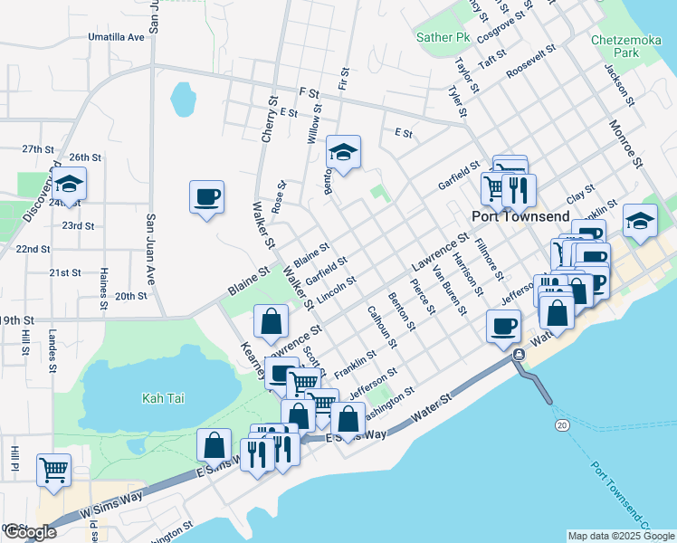map of restaurants, bars, coffee shops, grocery stores, and more near 835 Calhoun Street in Port Townsend