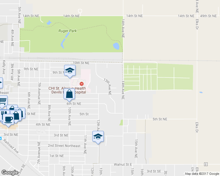 map of restaurants, bars, coffee shops, grocery stores, and more near 1301 Village Green Court Northeast in Devils Lake