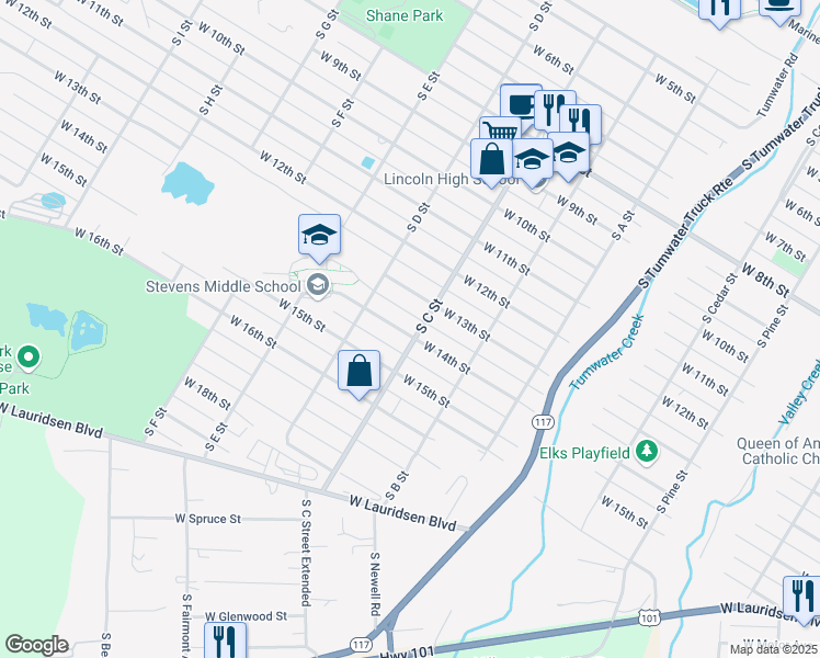 map of restaurants, bars, coffee shops, grocery stores, and more near 1324 South C Street in Port Angeles