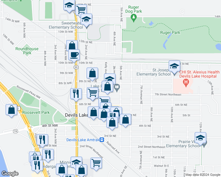 map of restaurants, bars, coffee shops, grocery stores, and more near 325 7th Street Northeast in Devils Lake