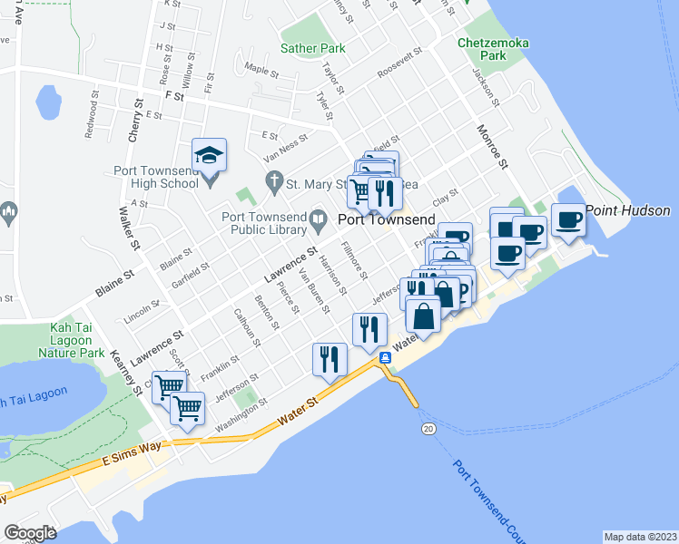 map of restaurants, bars, coffee shops, grocery stores, and more near 1237 Clay Street in Port Townsend