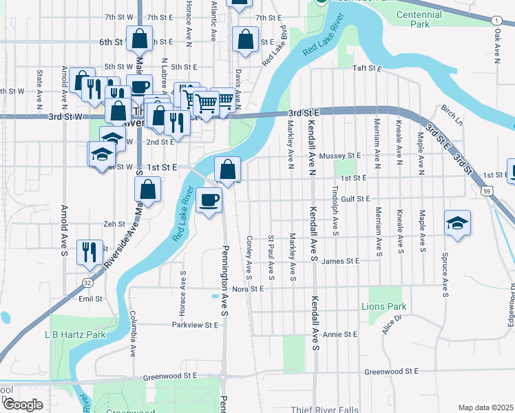 map of restaurants, bars, coffee shops, grocery stores, and more near in Thief River Falls