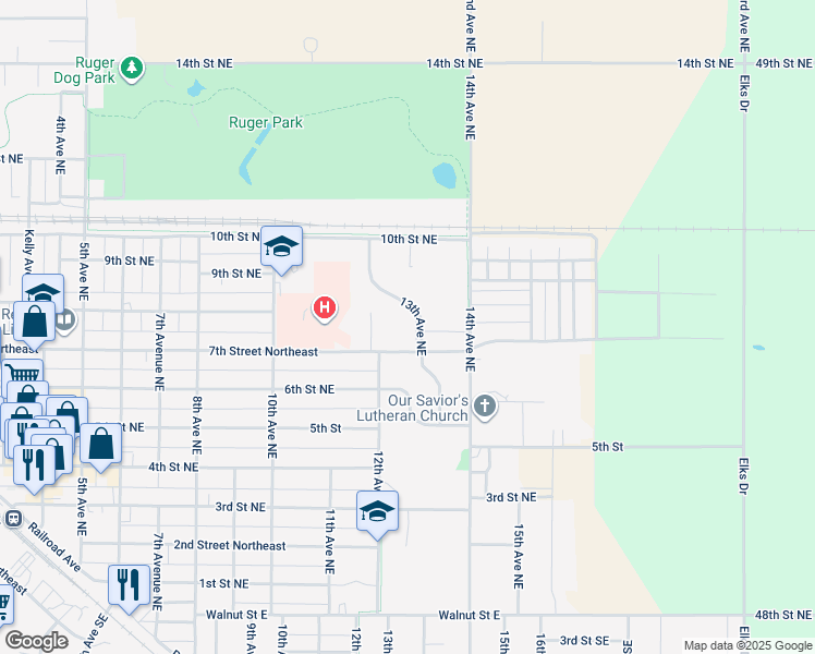 map of restaurants, bars, coffee shops, grocery stores, and more near 715 13th Avenue Northeast in Devils Lake