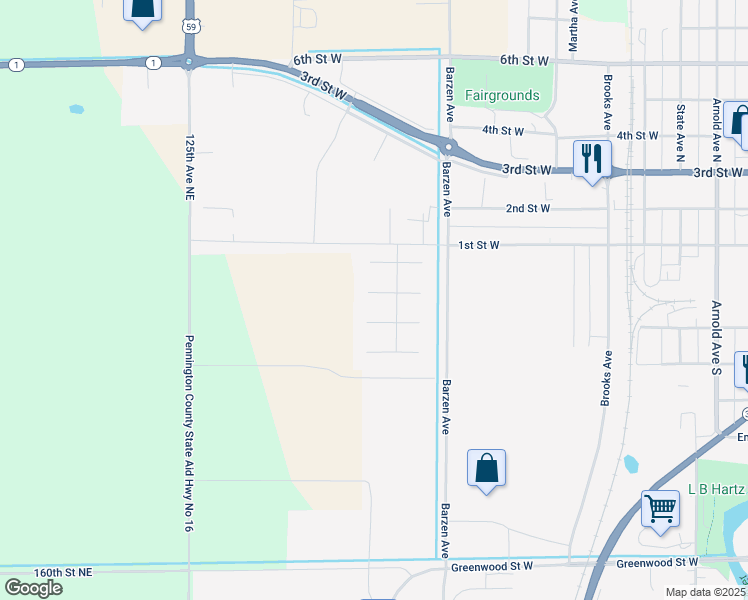 map of restaurants, bars, coffee shops, grocery stores, and more near 1218 Meadow Street in Thief River Falls