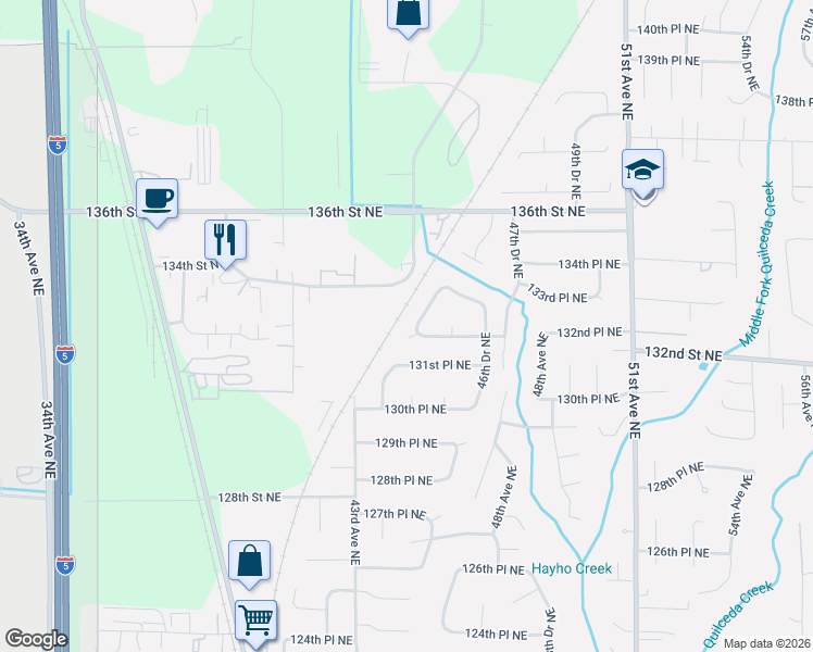 map of restaurants, bars, coffee shops, grocery stores, and more near 13218 45th Avenue Northeast in Marysville