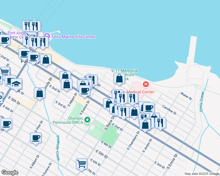 map of restaurants, bars, coffee shops, grocery stores, and more near 734 Georgiana Street in Port Angeles