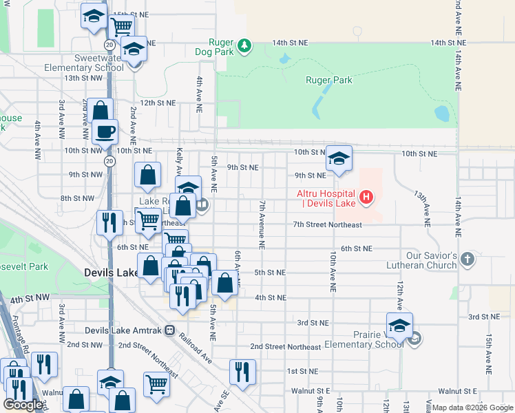 map of restaurants, bars, coffee shops, grocery stores, and more near 717 7th Avenue Northeast in Devils Lake