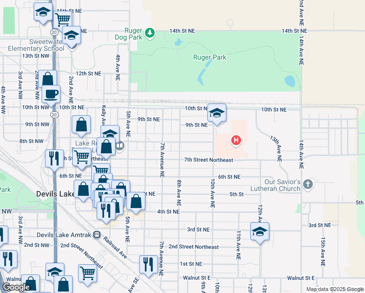 map of restaurants, bars, coffee shops, grocery stores, and more near 800 8th Street Northeast in Devils Lake