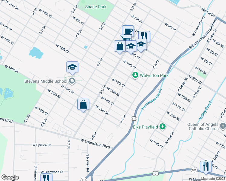 map of restaurants, bars, coffee shops, grocery stores, and more near 437 West 13th Street in Port Angeles