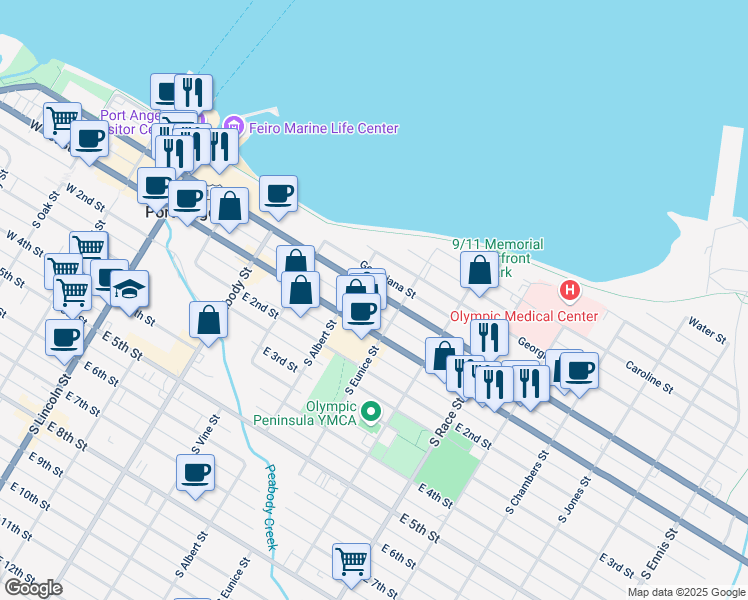 map of restaurants, bars, coffee shops, grocery stores, and more near 618 East Front Street in Port Angeles