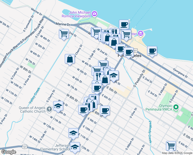 map of restaurants, bars, coffee shops, grocery stores, and more near 101 East 5th Street in Port Angeles